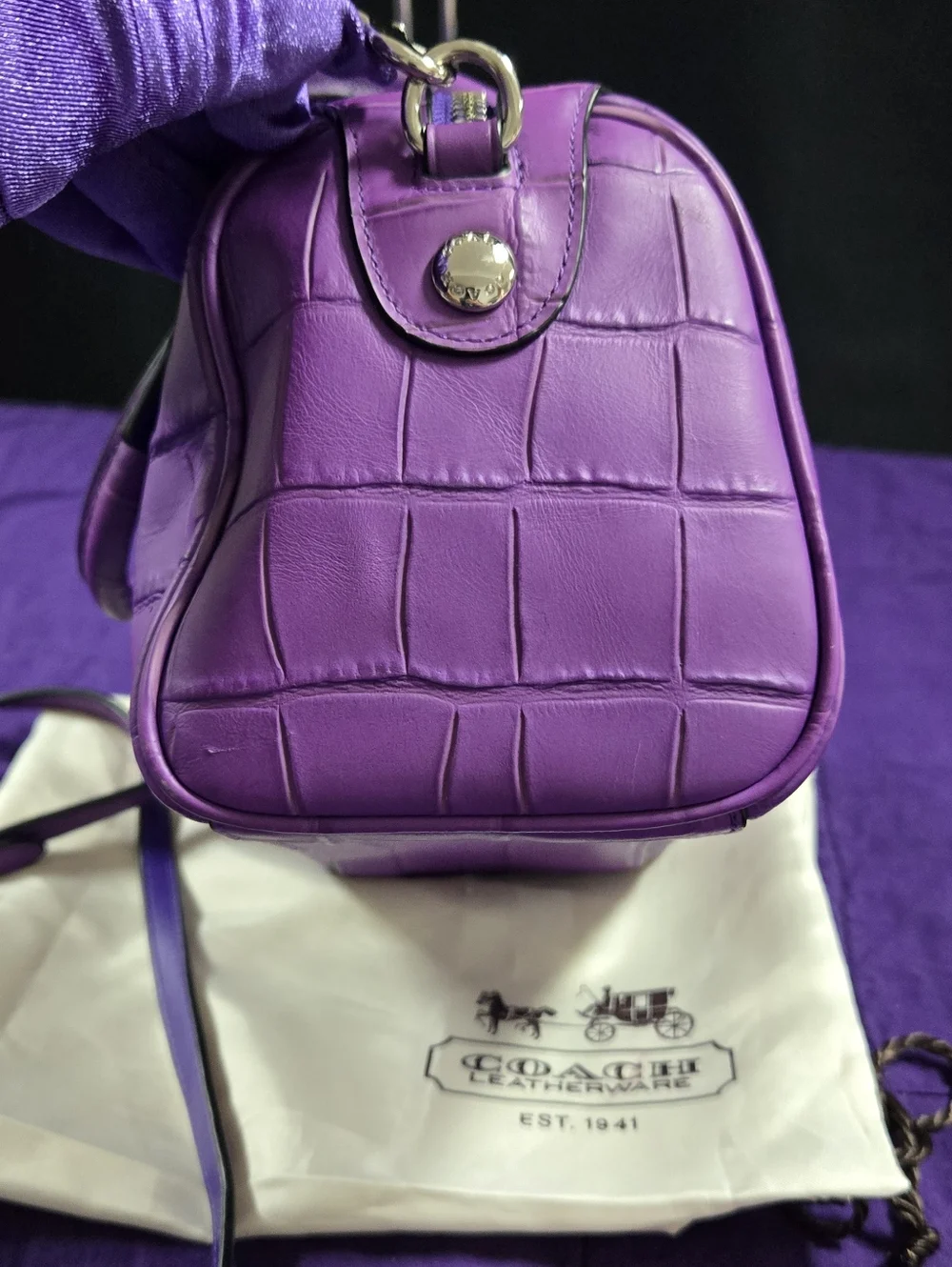 Coach Mini Bennet Croc-Embossed Purple Leather Satchel/ Crossbody - Picture 4 of 11